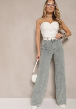 Jasnoniebieskie Jeansy High Waist o Szerokim Kroju z Cyrkoniami i Koralikami Heltewi