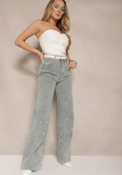 Jasnoniebieskie Jeansy High Waist o Szerokim Kroju z Cyrkoniami i Koralikami Heltewi