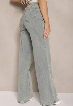 Jasnoniebieskie Jeansy High Waist o Szerokim Kroju z Cyrkoniami i Koralikami Heltewi