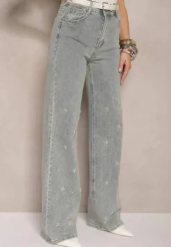 Jasnoniebieskie Jeansy High Waist o Szerokim Kroju z Cyrkoniami i Koralikami Heltewi