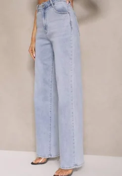 Jasnoniebieskie Jeansy High Waist z Szerokimi Nogawkami Leniscia