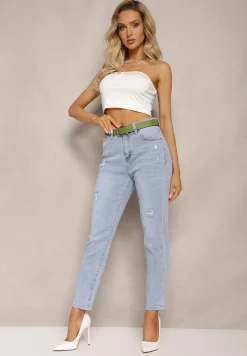 Jasnoniebieskie Jeansy Mom Fit z Przetarciami z Regularną Talią i Paskiem Leomia