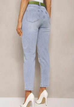 Jasnoniebieskie Jeansy Mom Fit z Przetarciami z Regularną Talią i Paskiem Leomia