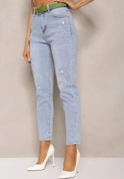 Jasnoniebieskie Jeansy Mom Fit z Przetarciami z Regularną Talią i Paskiem Leomia