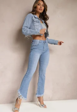 Jasnoniebieskie Jeansy o Fasonie Dzwonów z Postrzępioną Krawędzią Evetia