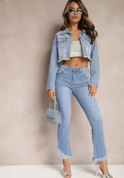 Jasnoniebieskie Jeansy o Fasonie Dzwonów z Postrzępioną Krawędzią Evetia