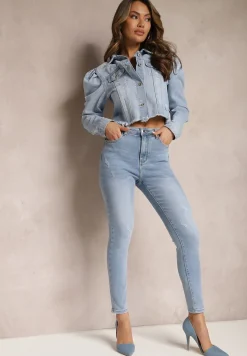 Jasnoniebieskie Jeansy o Dopasowanym Fasonie z Ozdobną Szlufką z Przodu Valmarie