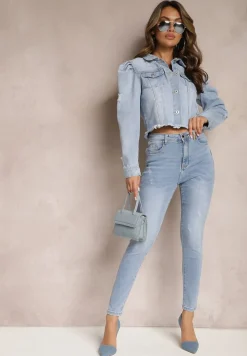 Jasnoniebieskie Jeansy o Dopasowanym Fasonie z Ozdobną Szlufką z Przodu Valmarie