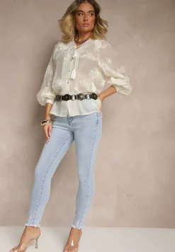 Jasnoniebieskie Jeansy o Fasonie Skinny Push Up Zdobione Przetarciami Salzeri