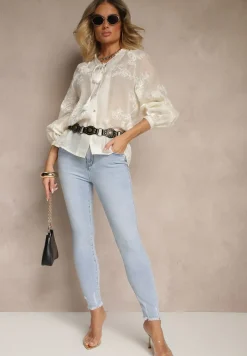 Jasnoniebieskie Jeansy o Fasonie Skinny Push Up Zdobione Przetarciami Salzeri