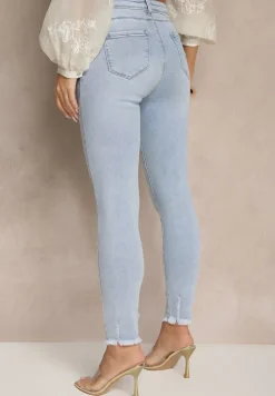 Jasnoniebieskie Jeansy o Fasonie Skinny Push Up Zdobione Przetarciami Salzeri
