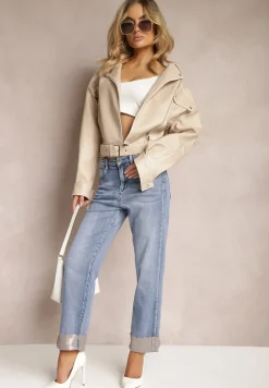 Jasnoniebieskie Jeansy Regular z Bawełny Ozdobione Połyskiem z Podwijanymi Nogawkami Frisala