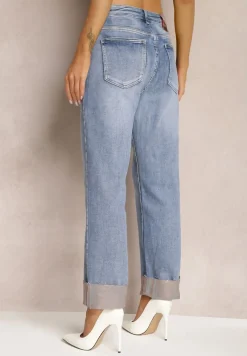 Jasnoniebieskie Jeansy Regular z Bawełny Ozdobione Połyskiem z Podwijanymi Nogawkami Frisala