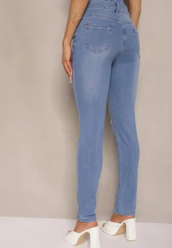 Jasnoniebieskie Jeansy Skinny High Waist z Ozdobnymi Przetarciami Palisiela
