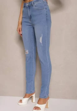 Jasnoniebieskie Jeansy Skinny High Waist z Ozdobnymi Przetarciami Palisiela