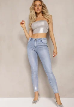 Jasnoniebieskie Jeansy Skinny z Wysokim Stanem i Połyskującym Wykończeniem Ceniza