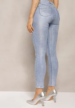 Jasnoniebieskie Jeansy Skinny z Wysokim Stanem i Połyskującym Wykończeniem Ceniza