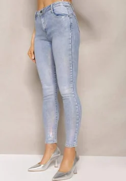 Jasnoniebieskie Jeansy Skinny z Wysokim Stanem i Połyskującym Wykończeniem Ceniza