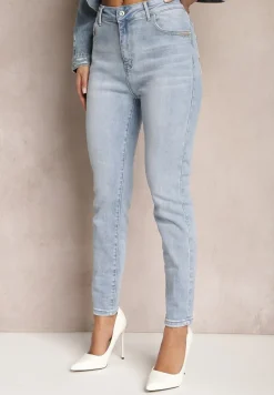 Jasnoniebieskie Jeansy Skinny z Subtelnymi Przetarciami i Przeszyciami na Kieszeniach Lenari