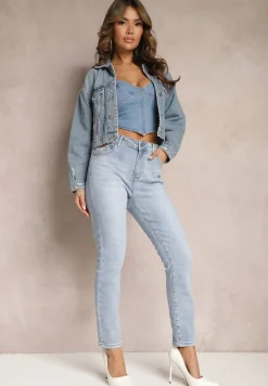 Jasnoniebieskie Jeansy Skinny z Subtelnymi Przetarciami i Przeszyciami na Kieszeniach Lenari