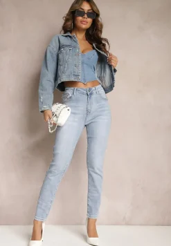 Jasnoniebieskie Jeansy Skinny z Subtelnymi Przetarciami i Przeszyciami na Kieszeniach Lenari
