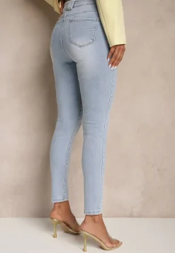 Jasnoniebieskie Jeansy Skinny z Bawełną High Waist Ozdobione Guzikami Felariel