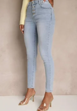 Jasnoniebieskie Jeansy Skinny z Bawełną High Waist Ozdobione Guzikami Felariel