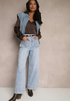 Jasnoniebieskie Jeansy Szerokie z Bawełną i Wiskozą High Waist z Przeszyciami Rivionis