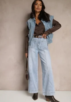 Jasnoniebieskie Jeansy Szerokie z Bawełną i Wiskozą High Waist z Przeszyciami Rivionis