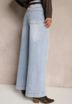 Jasnoniebieskie Jeansy Szerokie z Bawełną i Wiskozą High Waist z Przeszyciami Rivionis