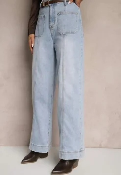 Jasnoniebieskie Jeansy Szerokie z Bawełną i Wiskozą High Waist z Przeszyciami Rivionis