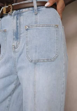 Jasnoniebieskie Jeansy Szerokie z Bawełną i Wiskozą High Waist z Przeszyciami Rivionis