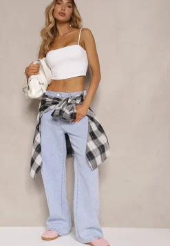 Jasnoniebieskie Jeansy z Bawełną o Szerokim Kroju High Waist Taliera