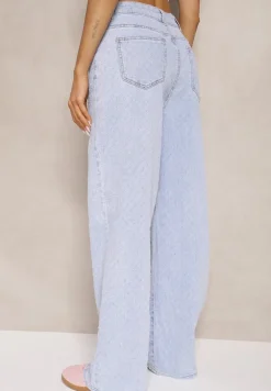 Jasnoniebieskie Jeansy z Bawełną o Szerokim Kroju High Waist Taliera