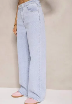 Jasnoniebieskie Jeansy z Bawełną o Szerokim Kroju High Waist Taliera