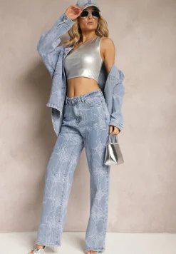 Jasnoniebieskie Jeansy z Szerokimi Nogawkami z Delikatnym Abstrakcyjnym Wzorem Lianena