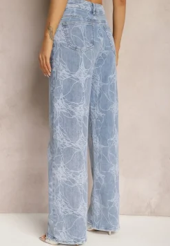 Jasnoniebieskie Jeansy z Szerokimi Nogawkami z Delikatnym Abstrakcyjnym Wzorem Lianena