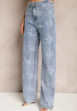 Jasnoniebieskie Jeansy z Szerokimi Nogawkami z Delikatnym Abstrakcyjnym Wzorem Lianena