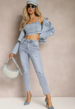 Jasnoniebieskie Jeansy z Prostymi Nogawkami i Przetarciami Atwilia