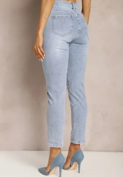 Jasnoniebieskie Jeansy z Prostymi Nogawkami i Przetarciami Atwilia