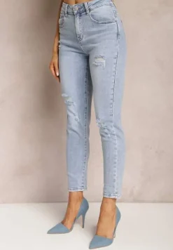 Jasnoniebieskie Jeansy z Prostymi Nogawkami i Przetarciami Atwilia