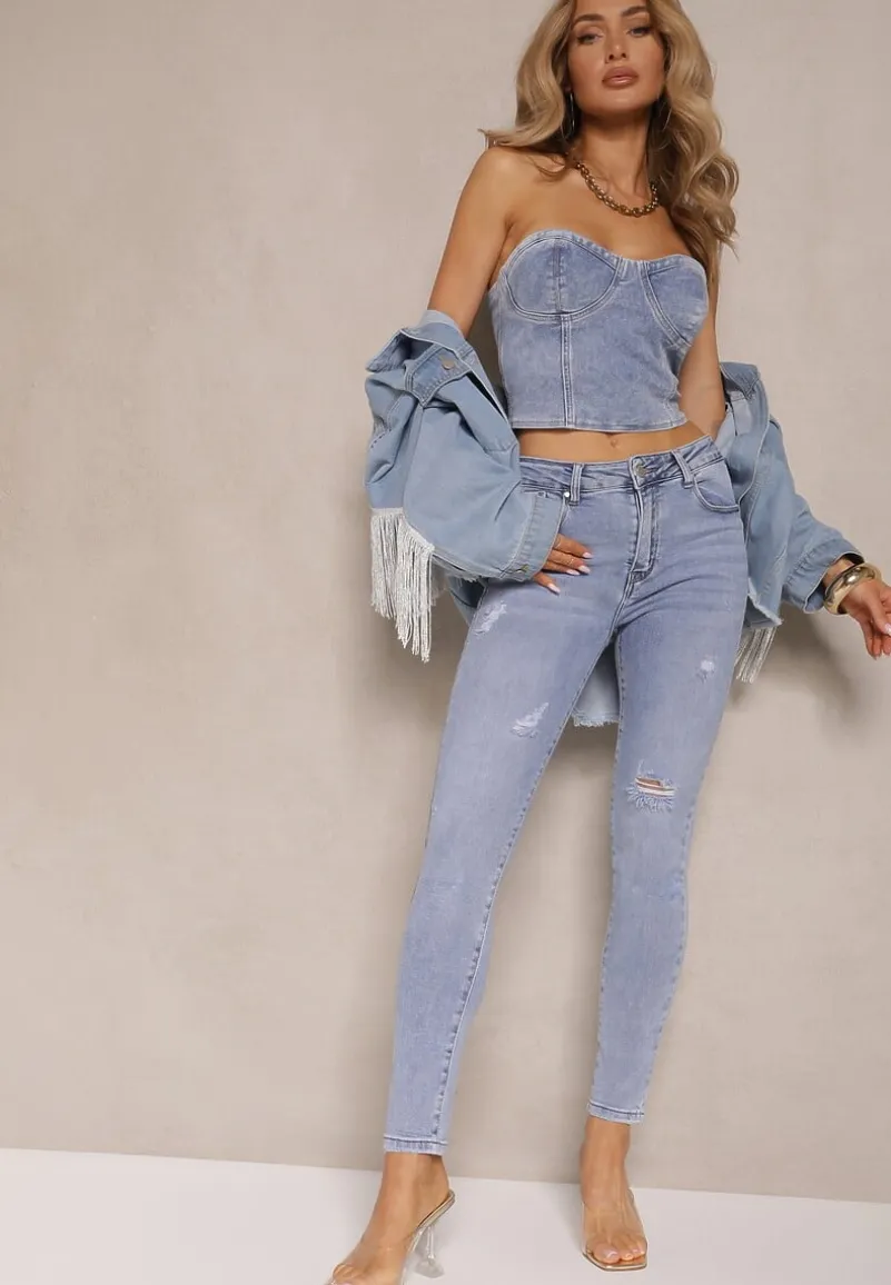 Jasnoniebieskie Jeansy z Bawełny Typu Skinny High Waist Ozdobione Przetarciami Nelliova