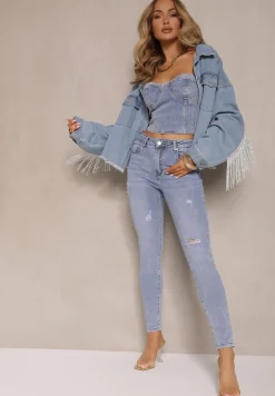Jasnoniebieskie Jeansy z Bawełny Typu Skinny High Waist Ozdobione Przetarciami Nelliova