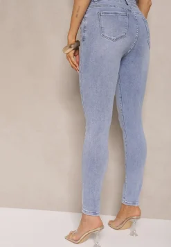 Jasnoniebieskie Jeansy z Bawełny Typu Skinny High Waist Ozdobione Przetarciami Nelliova