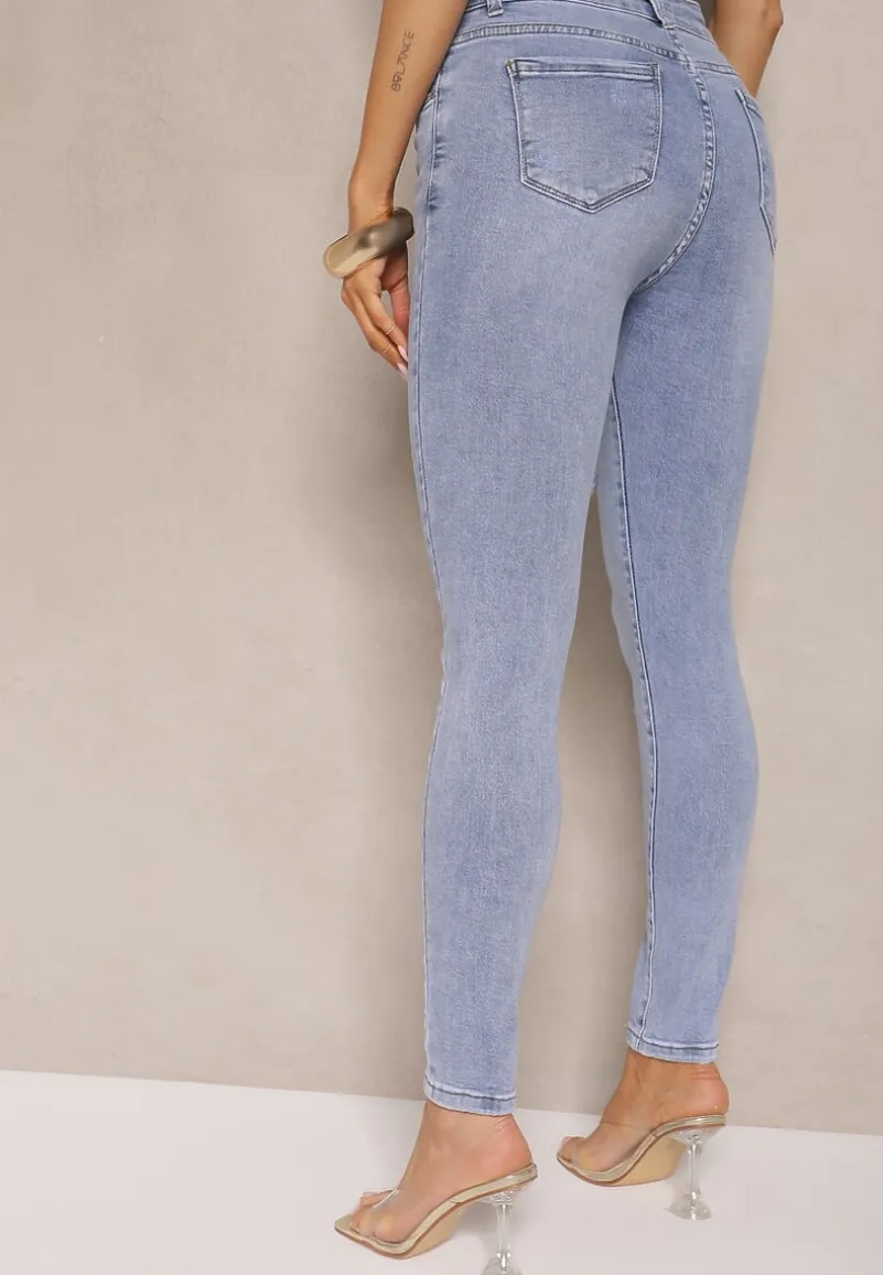 Jasnoniebieskie Jeansy z Bawełny Typu Skinny High Waist Ozdobione Przetarciami Nelliova