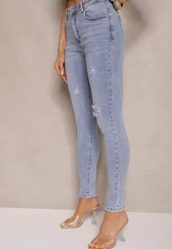 Jasnoniebieskie Jeansy z Bawełny Typu Skinny High Waist Ozdobione Przetarciami Nelliova