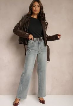 Jasnoniebieskie Jeansy z Bawełny o Szerokim Kroju z Paskiem i Ozdobnymi Przetarciami Nevelitae