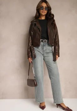 Jasnoniebieskie Jeansy z Bawełny o Szerokim Kroju z Paskiem i Ozdobnymi Przetarciami Nevelitae