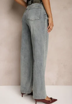 Jasnoniebieskie Jeansy z Bawełny o Szerokim Kroju z Paskiem i Ozdobnymi Przetarciami Nevelitae