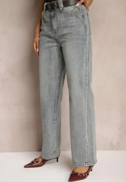 Jasnoniebieskie Jeansy z Bawełny o Szerokim Kroju z Paskiem i Ozdobnymi Przetarciami Nevelitae